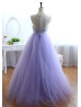 Ivory Lace Purple Tulle Long Prom Dress